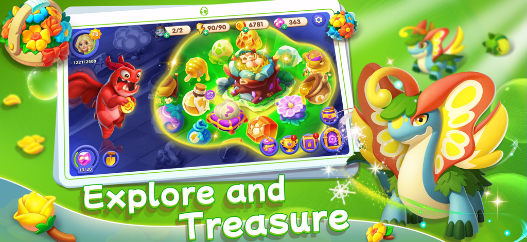 Merge Legends - Merge Legends gameplay screenshot showing colorful dragons and magical merge items with the text Explore and Treasure