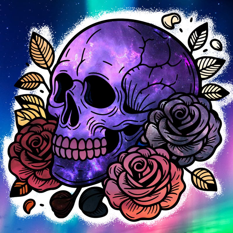 skull with roses and rose petals
