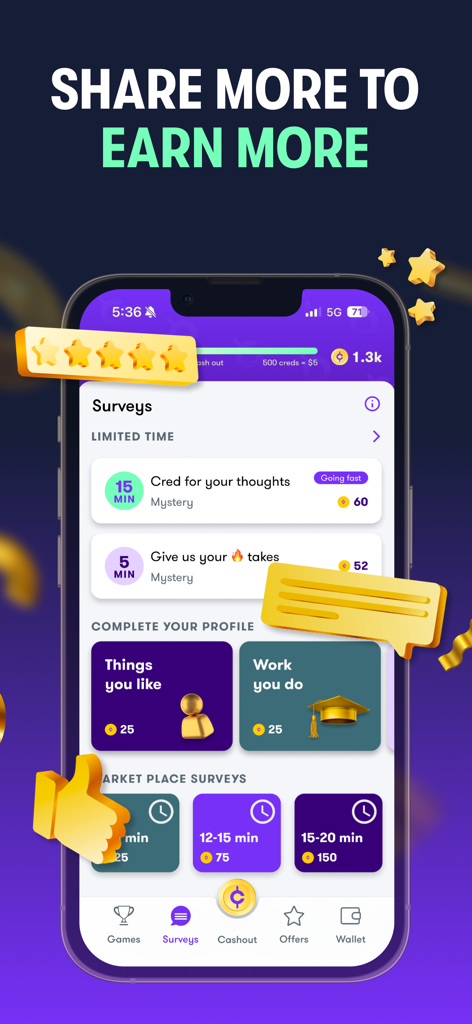 Copper app screen showing survey lists and profile tasks to earn reward credits