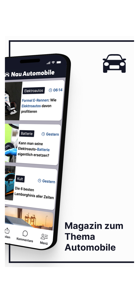 Nau Automobile - Captura de pantalla de la interfaz de la aplicación móvil Nau Automobile que muestra un feed de revista con artículos sobre carreras eléctricas, baterías de vehículos y coches de lujo.