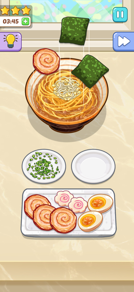 Cooking Paradise: DIY Food - A screen from Cooking Paradise: DIY Food showing a bowl of ramen being decorated with pork, seaweed, and egg toppings in a cozy art style.