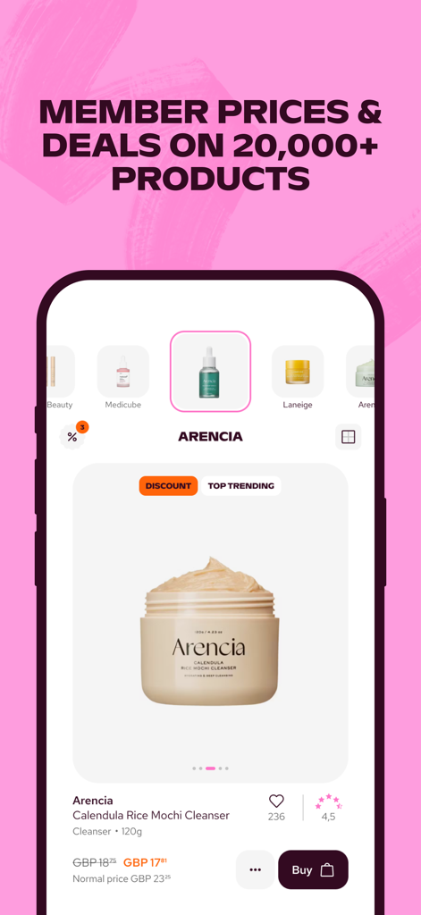 luxplus - Luxplus app screen displaying member prices and discounts on an Arencia skincare product