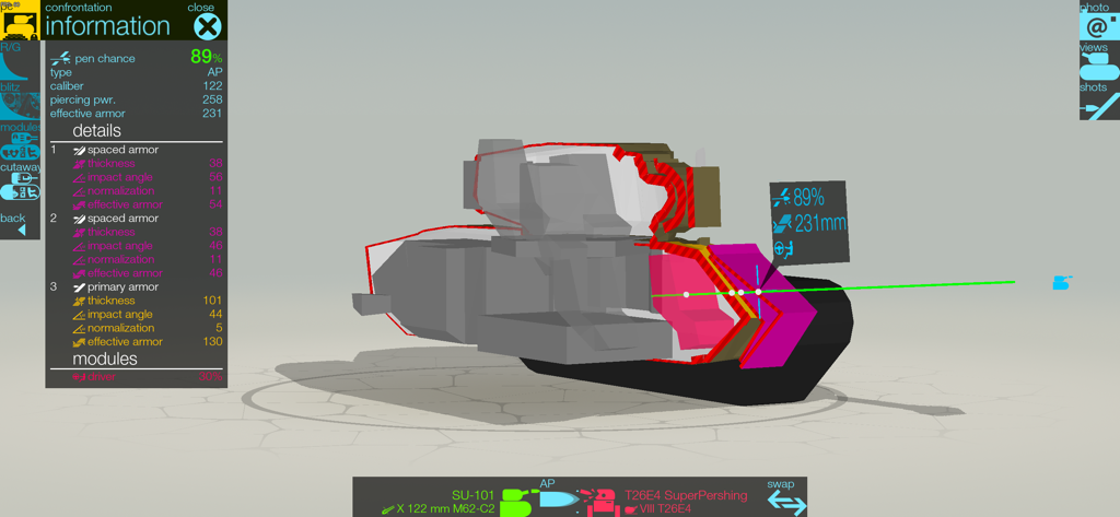 3D cutaway view of tank armor showing penetration chance and internal modules