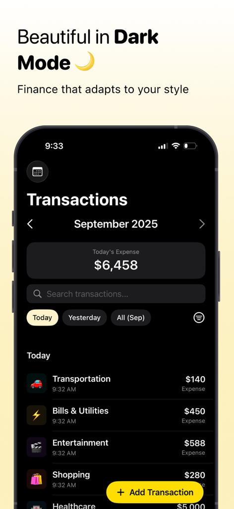 BalanceBee app interface showing a list of daily transactions in dark mode