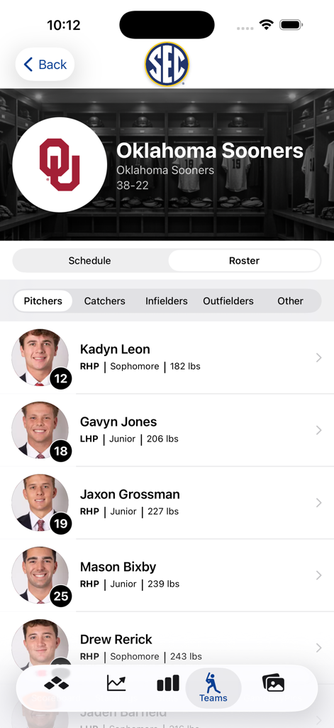 SEC Baseball - Roster screen for the Oklahoma Sooners baseball team in the SEC Baseball app showing a list of pitchers with player details.