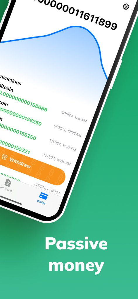 Interfaccia dell'app di cloud mining Bitcoin che mostra la cronologia delle transazioni e i dettagli del reddito passivo