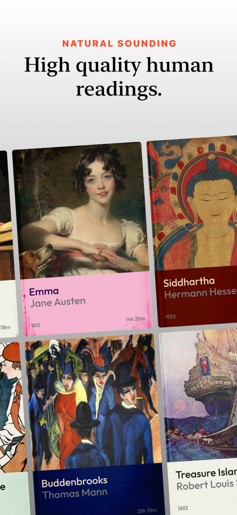 A curated selection of classic audiobooks with beautiful cover art and human narration