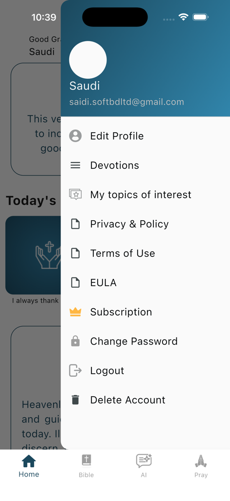 User profile and settings side menu in the Biblity app with links to devotions and subscriptions