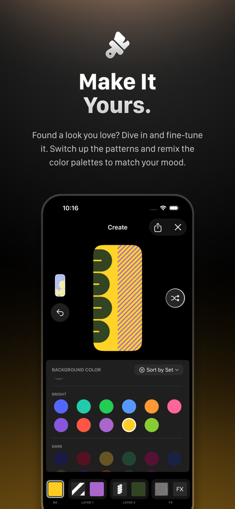 Shuffle Wall: Wallpaper Maker - Interface of the Shuffle Wall app showing options to customize wallpaper colors and patterns