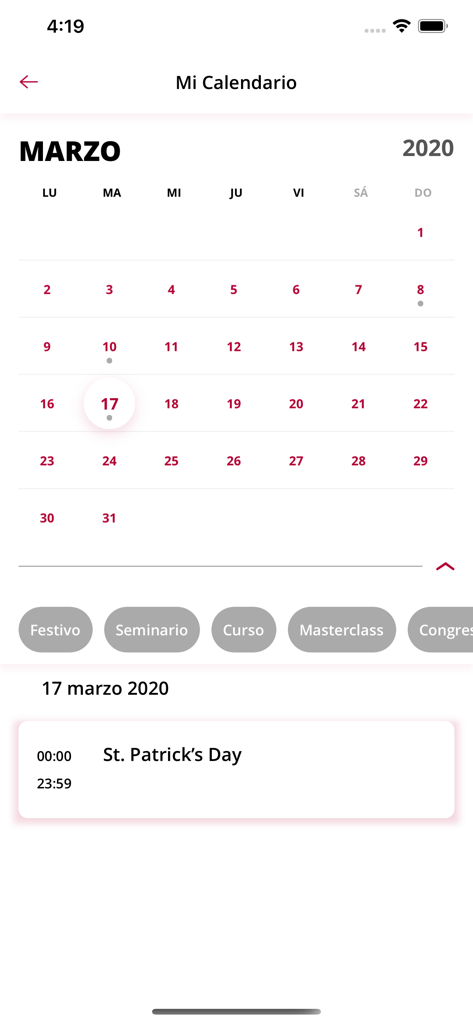 UCLM U. de Castilla-La Mancha - Mobile app interface showing the academic calendar for the University of Castilla-La Mancha with holiday events marked