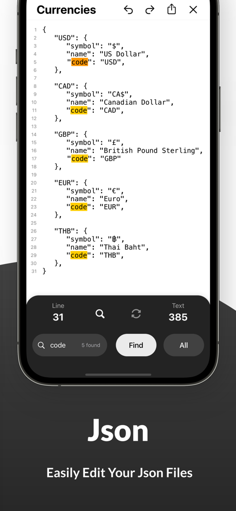 Text Editor - Document Editor - iPhone app screen editing a JSON file with highlighted search results for the word code