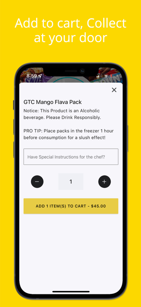 Neighbourhood Munchies - Neighbourhood Munchies app interface showing an item detail screen with options to add a beverage to the cart and include special instructions.