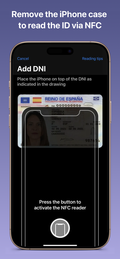 DNI Wallet plus app interface showing instructions to scan a physical identity card using iPhone NFC