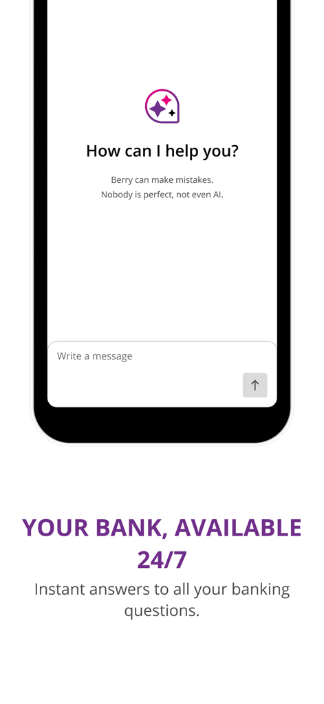 Interfaz de la aplicación de banca móvil BILnet que muestra a Berry, el asistente de IA, para soporte bancario 24/7