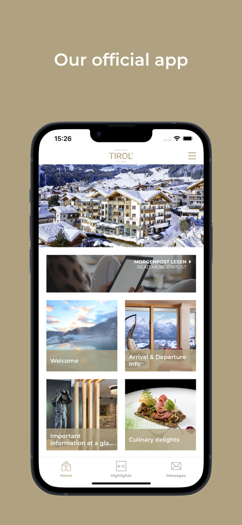 Hotel Tirol Fiss - The home screen of the Hotel Tirol Fiss official app featuring alpine views and guest service tiles.