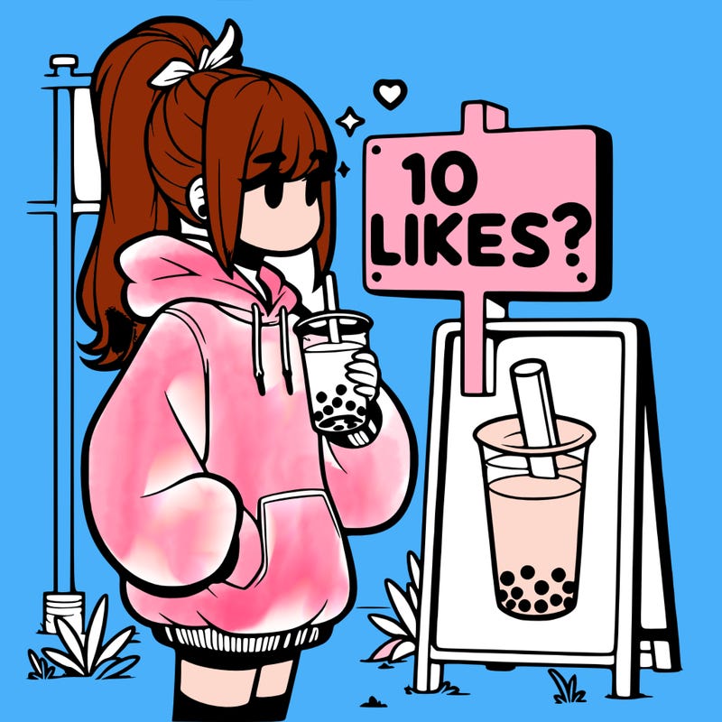 girl with oversized hoodie drinking boba and she has a high ponytail with a sign that says 10likes?