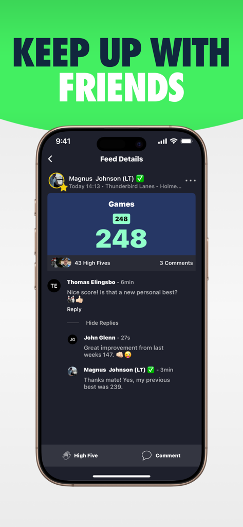 Lanetalk Bowling - Feed social do Lanetalk Bowling mostrando pontuações e comentários de amigos