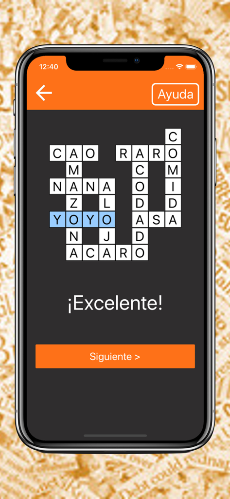 Crucigramas - Interfaz del juego de crucigramas en español que muestra palabras completadas y un mensaje de felicitación