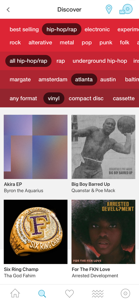 L'application Bandcamp propose un écran Découverte avec des filtres pour les disques vinyles hip-hop rap d'Atlanta.