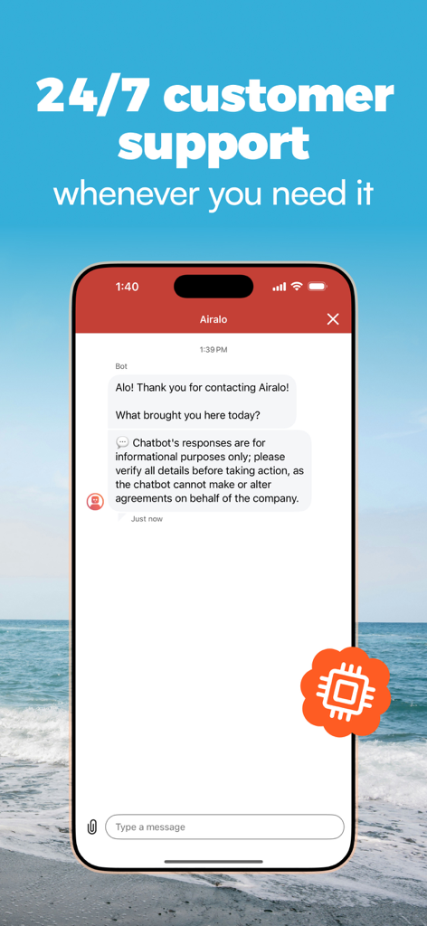 Airalo mobile app showing 24/7 customer support chat with a bot