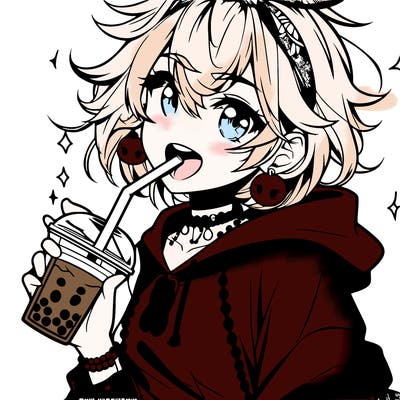 hot baddie anime girl drinking boba and biting the straw