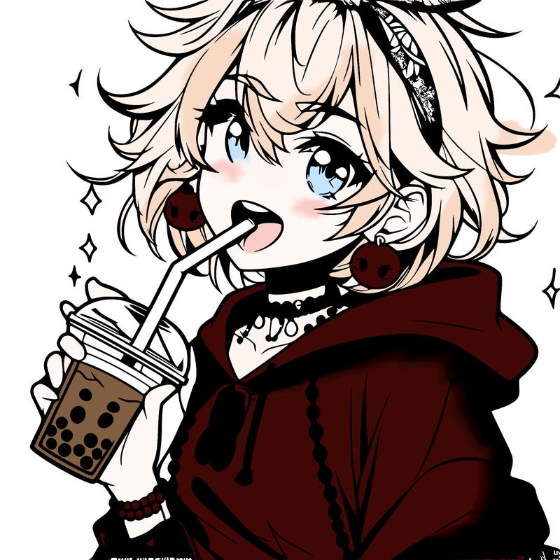 hot baddie anime girl drinking boba and biting the straw