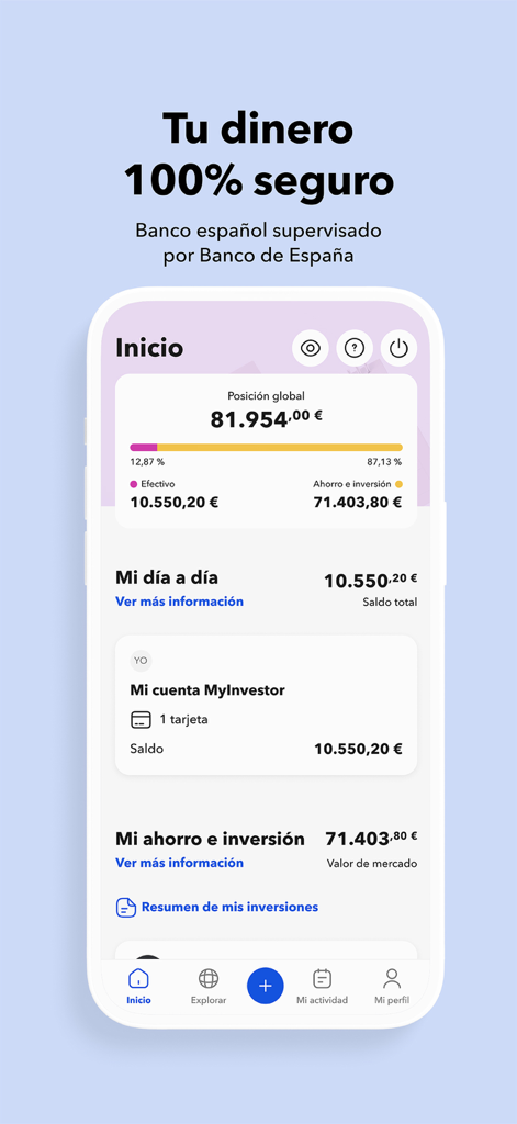 MyInvestor · Banco & Inversión - MyInvestorモバイルアプリのダッシュボード。ユーロ建てのグローバル投資および貯蓄残高を表示。