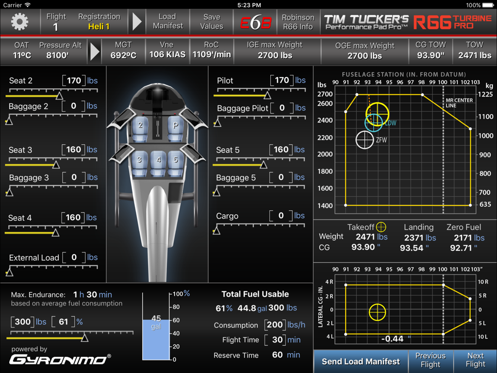 R66 PRO - R66 PRO app dashboard showing helicopter weight and balance calculations with performance graphs