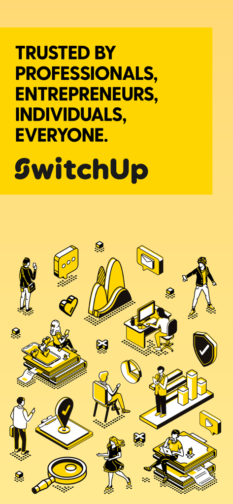 SwitchUp - Second Phone Number - Promotional image for SwitchUp second phone number app featuring an isometric illustration of professionals and entrepreneurs.