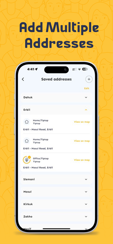 TipTop تيب توب - Saved delivery addresses screen in the TipTop food delivery app