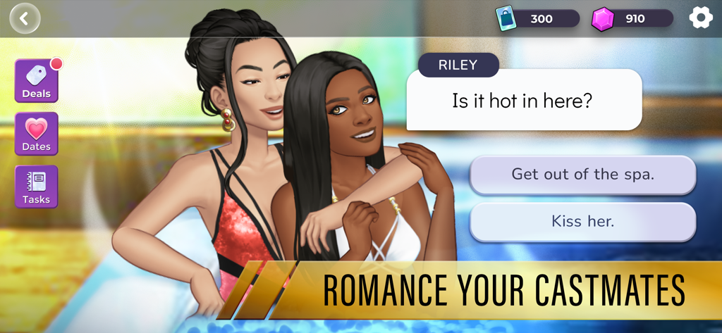 A romantic dialogue choice screen in the Episode Reality Stars mobile game showing two women in a spa.