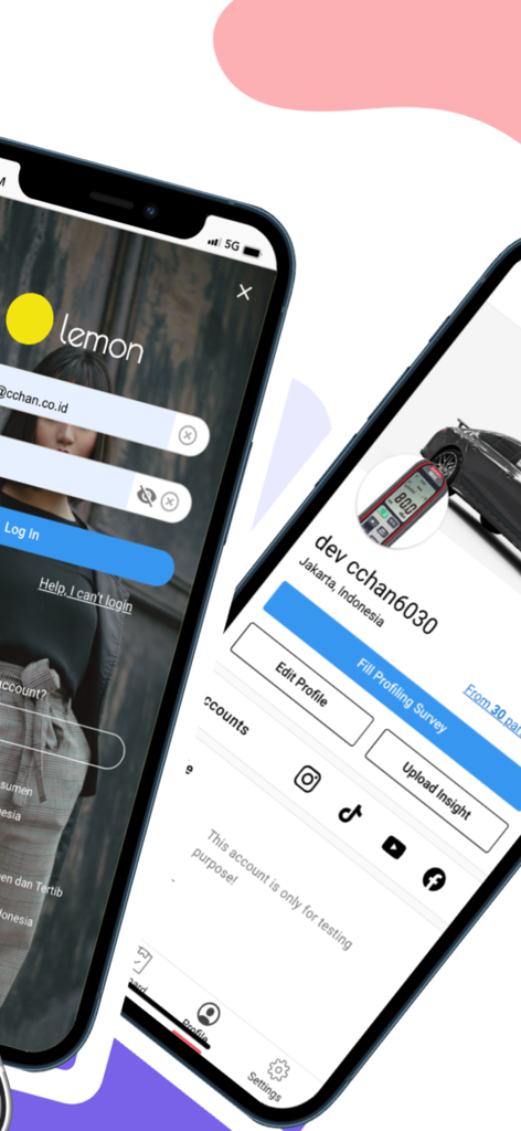 Lemon for Influencer - Pantallas de gestión de inicio de sesión y perfil de la aplicación móvil Lemon for Influencer