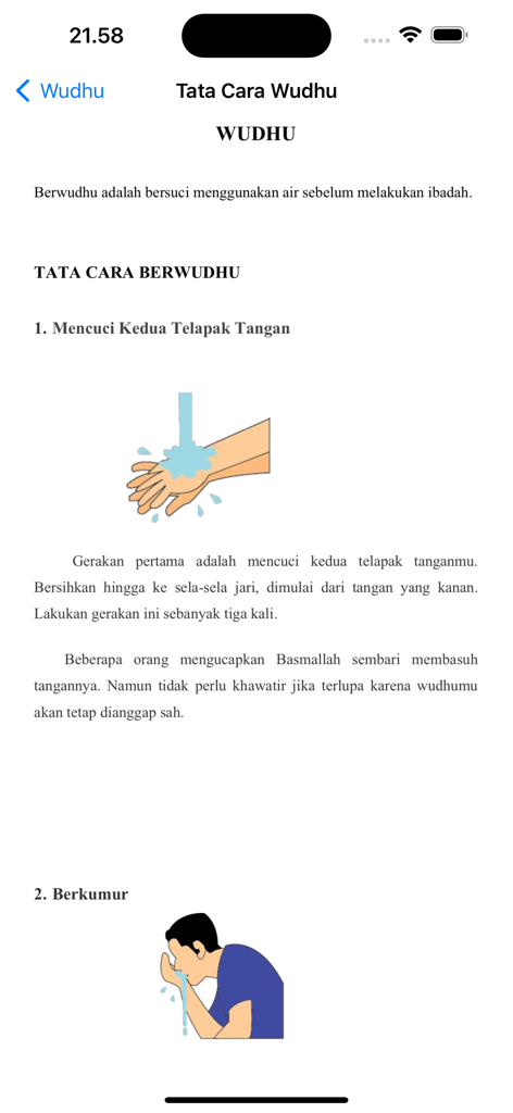 Tuntunan Shalat Lengkap - Step by step Wudu procedure with illustrations in the Tuntunan Shalat Lengkap Indonesian app.