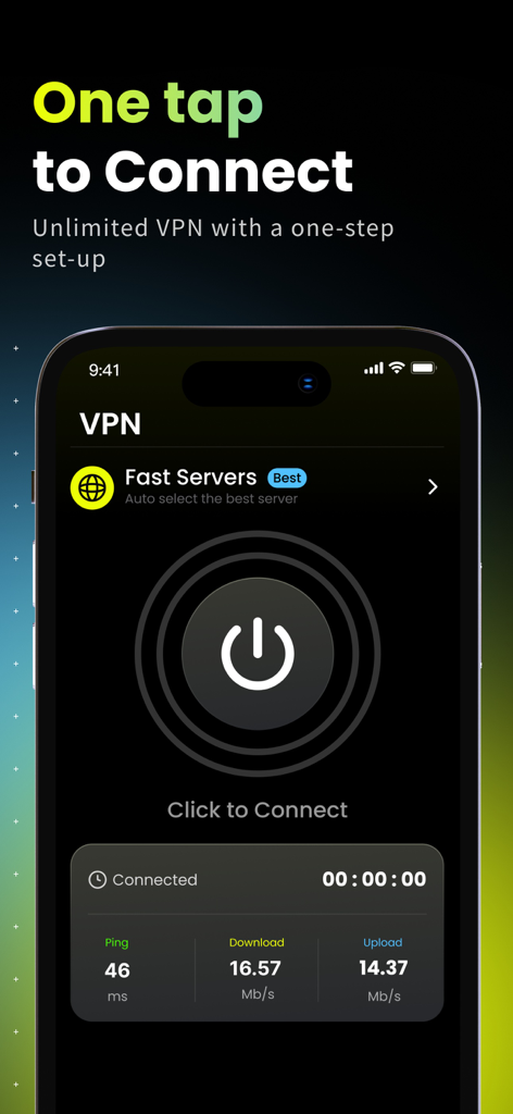 VPN - Fast VPN Lite master - Interface of VPN Lite master app featuring a one tap connect button and network performance metrics.