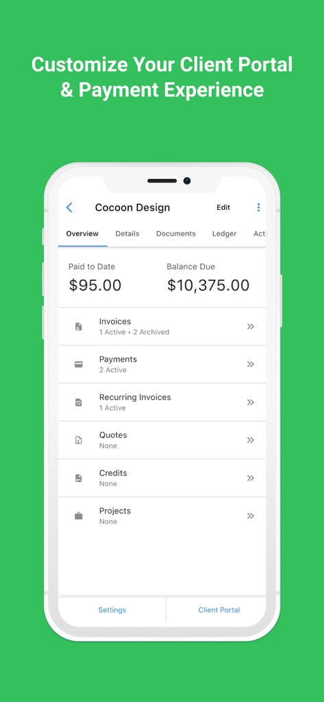 Invoice Ninja - Invoice Ninja mobile app interface showing a client overview with balance due and payment management categories.