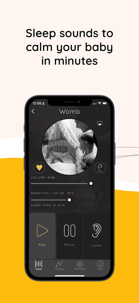 Interface of the Sound Sleeper app showing the womb sound player with volume and duration controls for baby sleep