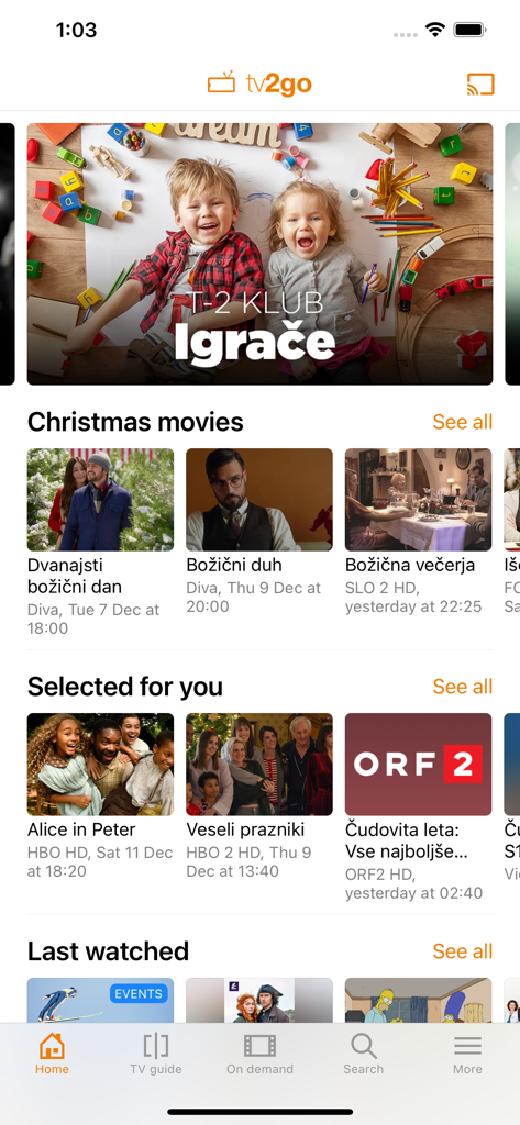 T-2 tv2go - T-2 tv2go mobile app home screen showing Slovenian language television programs and movie recommendations