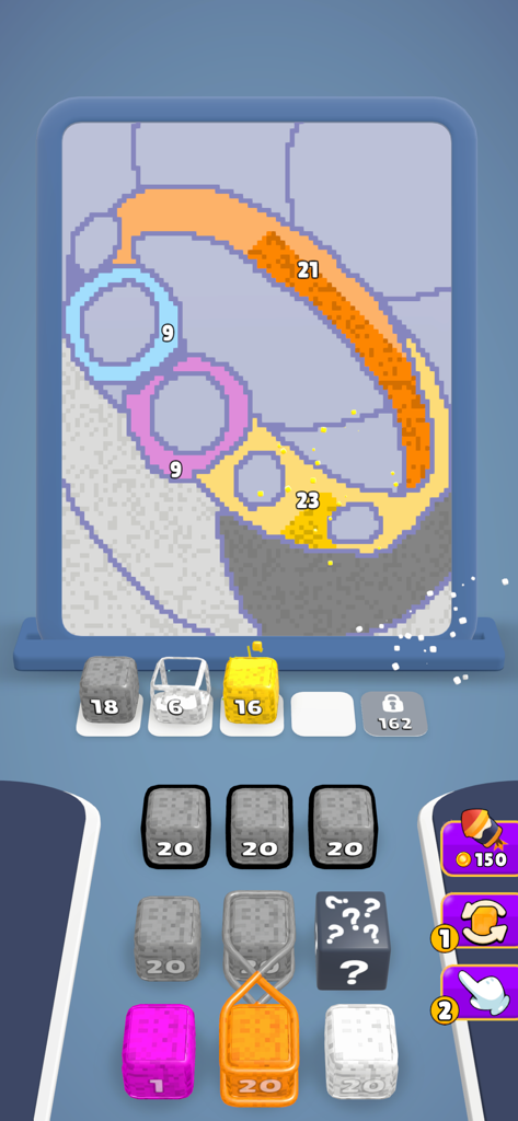 A gameplay screenshot of Sand Jam showing a pixel art canvas being filled with colored sand projectiles and sorting blocks at the bottom.