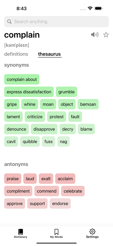 Deep Dictionary - Deep Dictionary app interface displaying synonyms and antonyms for the word complain in the thesaurus tab