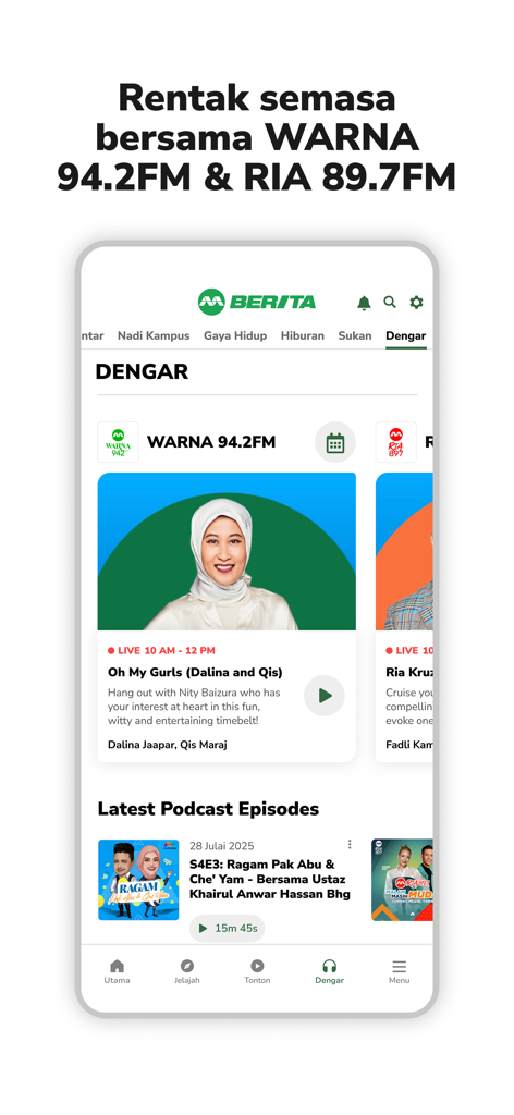 Berita Mediacorp app interface showing the Listen section with live Malay radio stations and latest podcast episodes