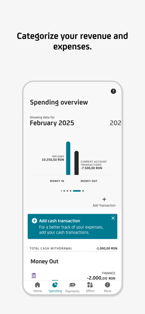 Bildschirm des UniCredit RO Mobile Bankings mit einem Diagramm zur monatlichen Ausgabenübersicht für Einnahmen und Ausgaben
