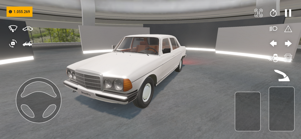 StreetPro Racing - StreetPro Racing mobile game screenshot showing a white classic sedan in a showroom with steering and driving UI controls