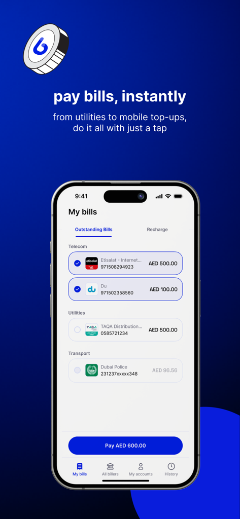 Botim App-Oberfläche, die den Bildschirm Meine Rechnungen mit Optionen zur Bezahlung von Telekommunikations- und Stromrechnungen anzeigt