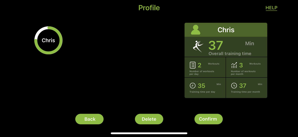 eaglefit® EMS SYSTEM - eaglefit EMSアプリのユーザープロファイルビュー。ワークアウト時間と頻度の統計が表示されています。