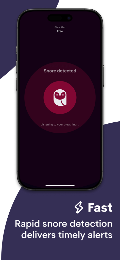 AI Snoring Alarm · Silent Owl - Smartphone screen of the Silent Owl app displaying a snore detected alert with AI breathing monitoring.