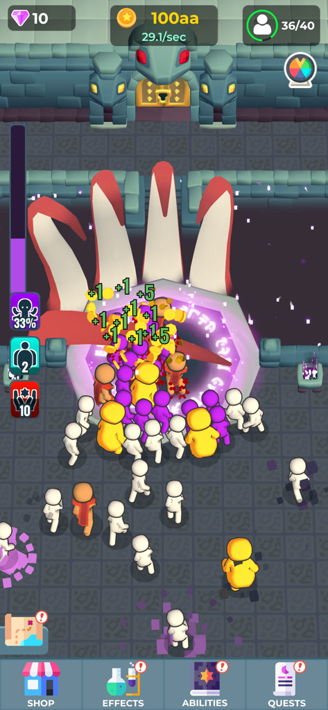 Tentacular Worship - Gameplay screenshot of Tentacular Worship showing followers being sacrificed at an altar by giant tentacles to earn coins