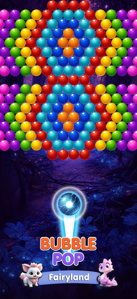 Farbenfrohes Bubble-Shooter-Puzzle-Brett in einem magischen dunklen Wald mit niedlichen Drachen- und Fuchscharakteren.