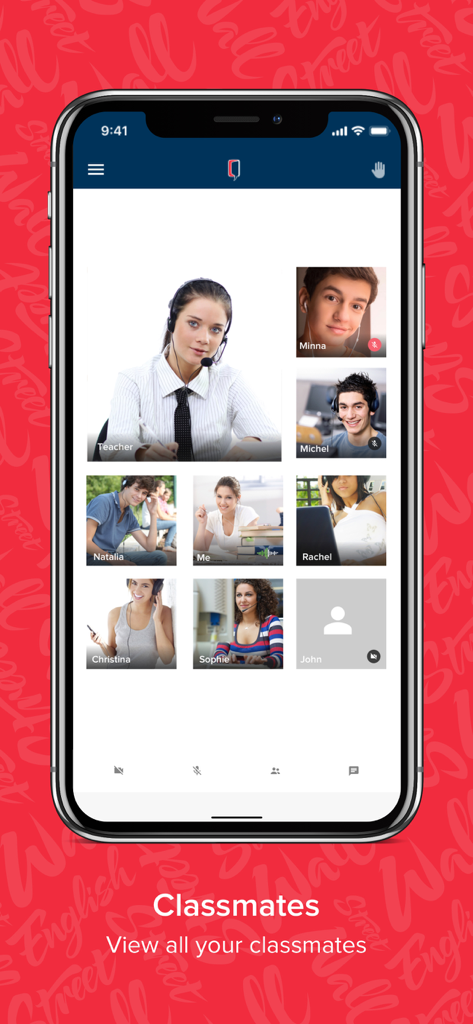 모바일 WSE 디지털 교실 앱 인터페이스가 선생님과 반 친구들이 있는 영상 세션을 보여줍니다.