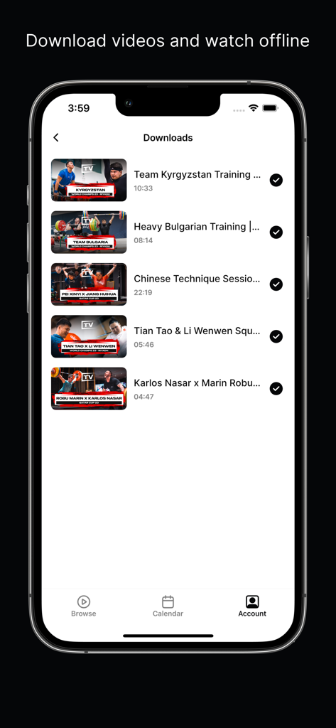 WLHOUSE TV - WLHOUSE TV Mobile App-Bildschirm, der eine Liste heruntergeladener Gewichtheber-Trainingsvideos anzeigt, die für die Offline-Anzeige verfügbar sind