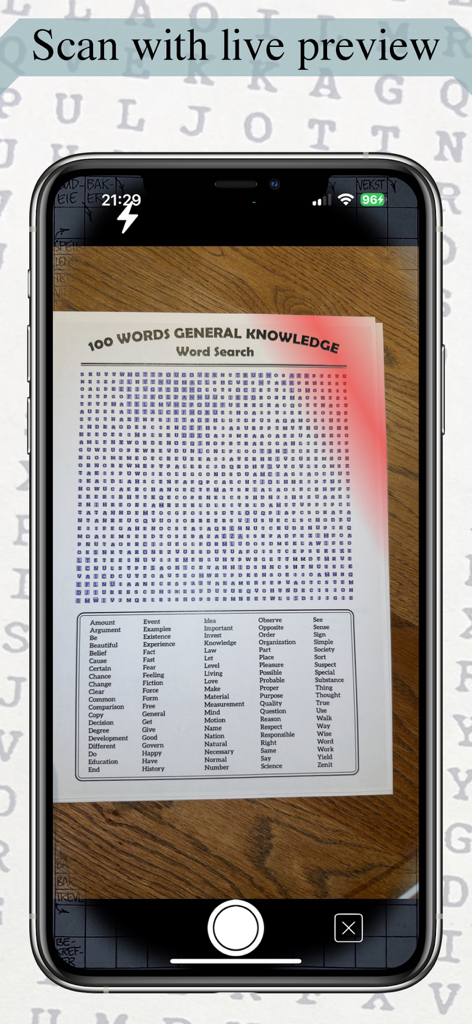 Word Search Scanner and Solver - Un smartphone escaneando un libro físico de sopas de letras con una vista previa de cámara en vivo.